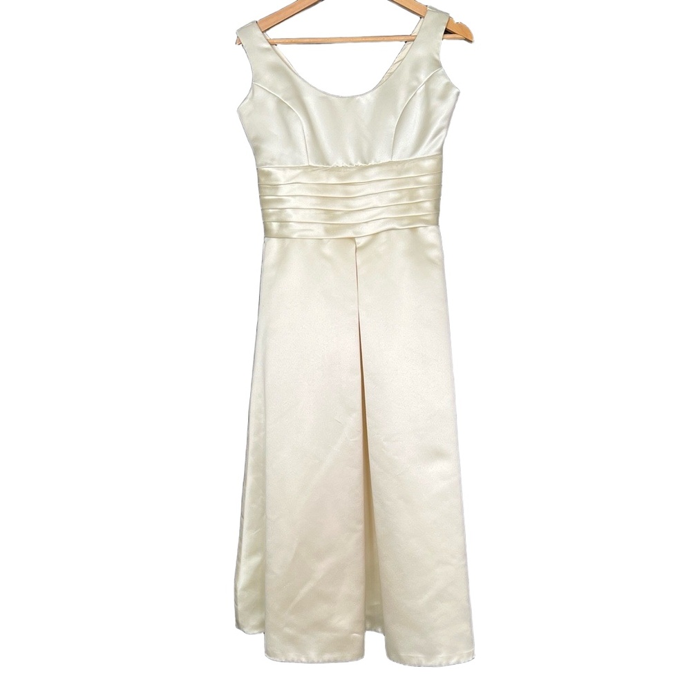 Womens Bridal Gown Cream Tea Length Satin Pleated Waist Elegant Minimalist Luxe - Picture 1 of 16